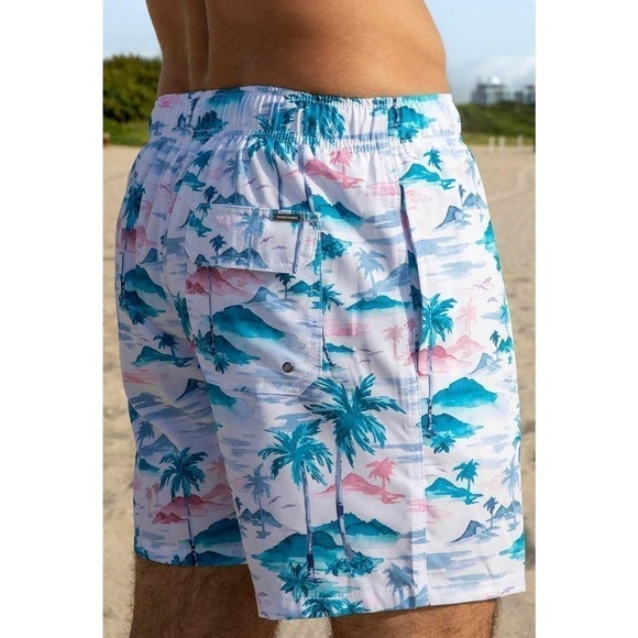Vintage Summer palm tree white and blue size L swim trunks - Picture 4 of 6